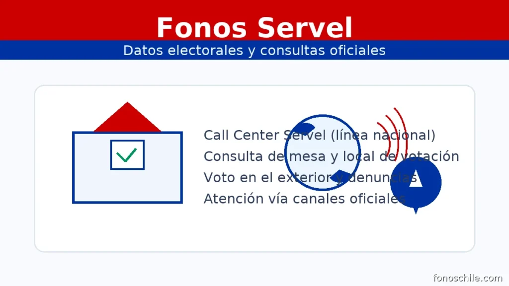 Fonos Servel: gráfico con urna, teléfono y ubicación para consultas oficiales y mesa de votación