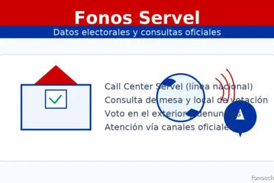 Fonos Servel: gráfico con urna, teléfono y ubicación para consultas oficiales y mesa de votación