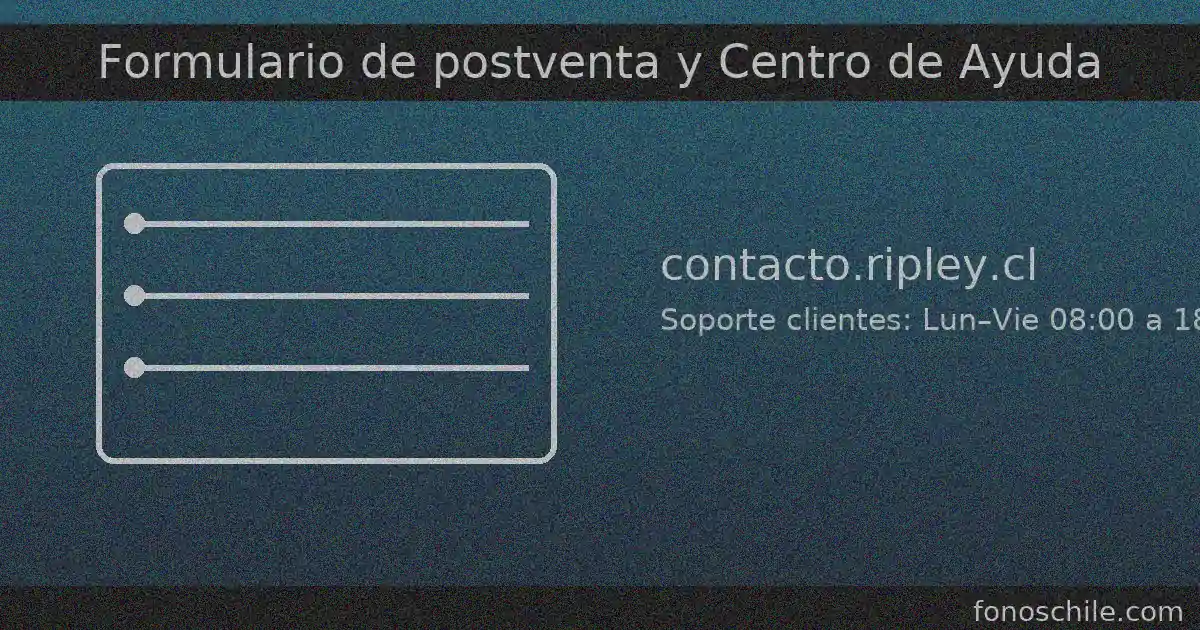 Formulario de postventa en contacto.ripley.cl y Centro de Ayuda; soporte a clientes de lunes a viernes de 08:00 a 18:00 (horario informado en el portal).